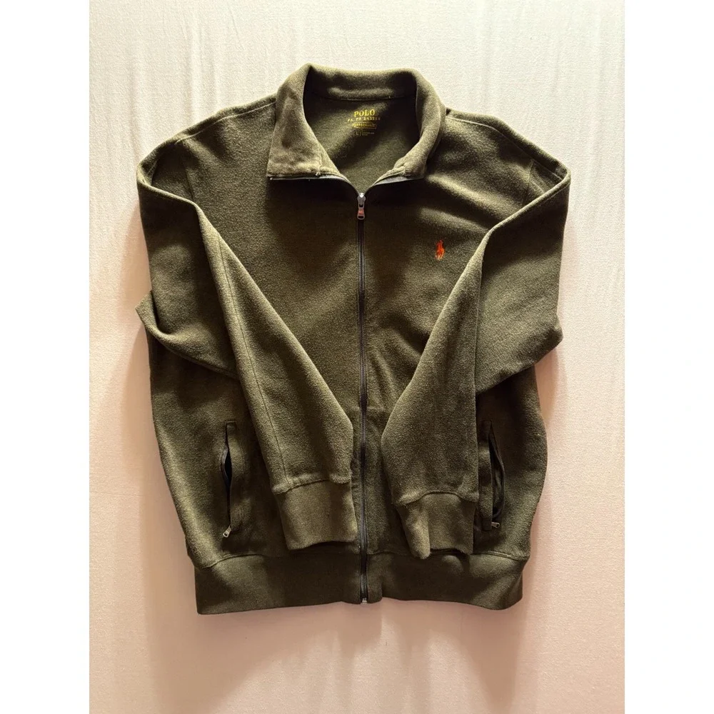 Polo Ralph Lauren Jacket Mens Large Green Full Zip Mock Neck Performance Sweater